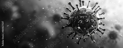 3D rendering of the virus on a gray and white background with a little light shining on it Black gradient color background The theme is to make people aware of common skin ingredie photo