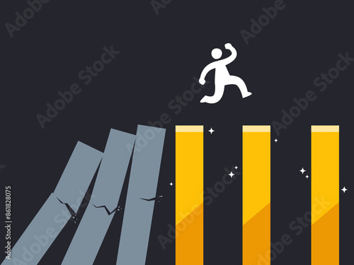 A Stickman is jumping over domino bars. Isolated Vector Illustration