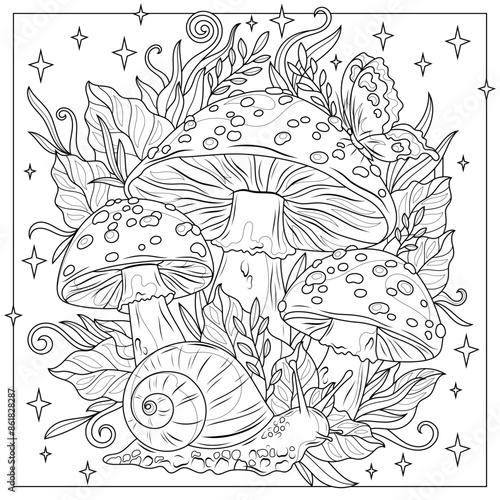 Fly agaric mushrooms with snail and butterfly.Coloring book antistress for children and adults. 