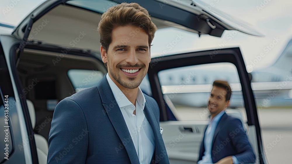A smiling businessman in a suit steps out of a private jet at the airport A smiling businessman in a suit steps out of a private jet at the airport