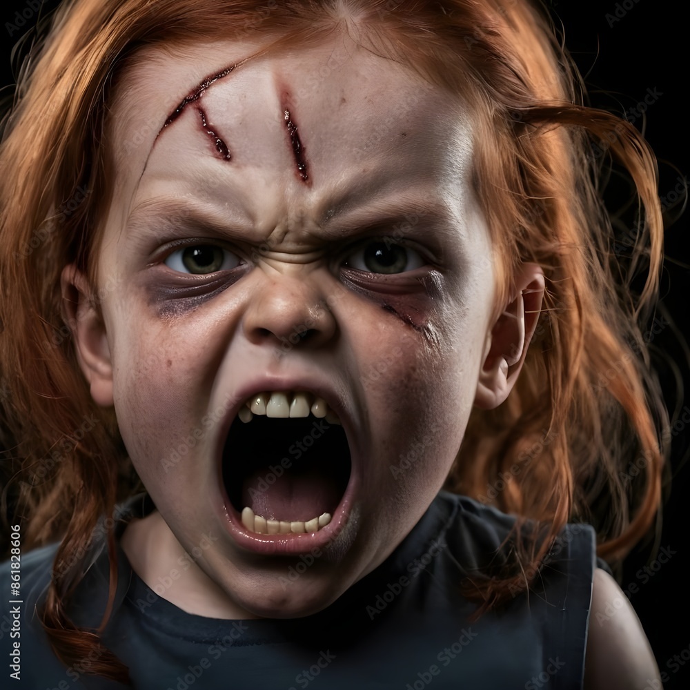 Close Up Portrait of a Young Girl With Red Hair Screaming in Anger, Horror angry little girl Close Up Portrait of a Young Girl With Red Hair Screaming in Anger, Horror angry little girl