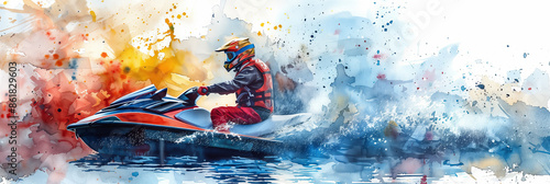 Watercolor painting of a man driving a jet ski in the sea. © S photographer