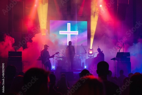 Church altar with a band performing, illuminated by bright lights and smoke, with a cross projected behind the musicians. Perfect for themes of worship and modern spirituality.