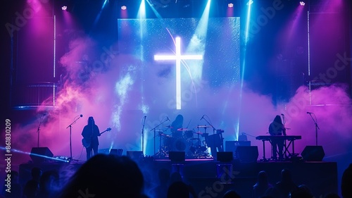 Church altar with a band performing, illuminated by bright lights and smoke, with a cross projected behind the musicians. Perfect for themes of worship and modern spirituality.