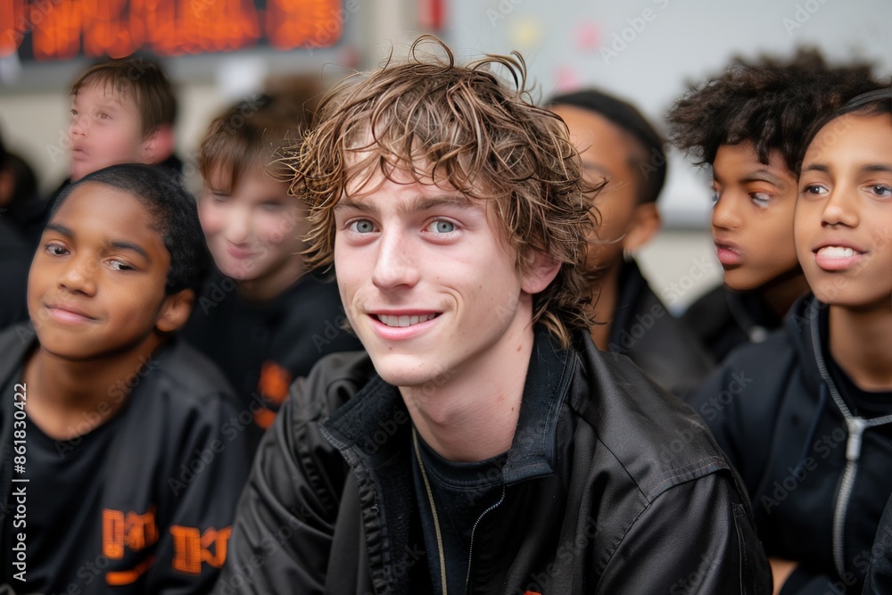 Young Man Smiles at Camera With Other Teenagers in Black Jackets Young Man Smiles at Camera With Other Teenagers in Black Jackets