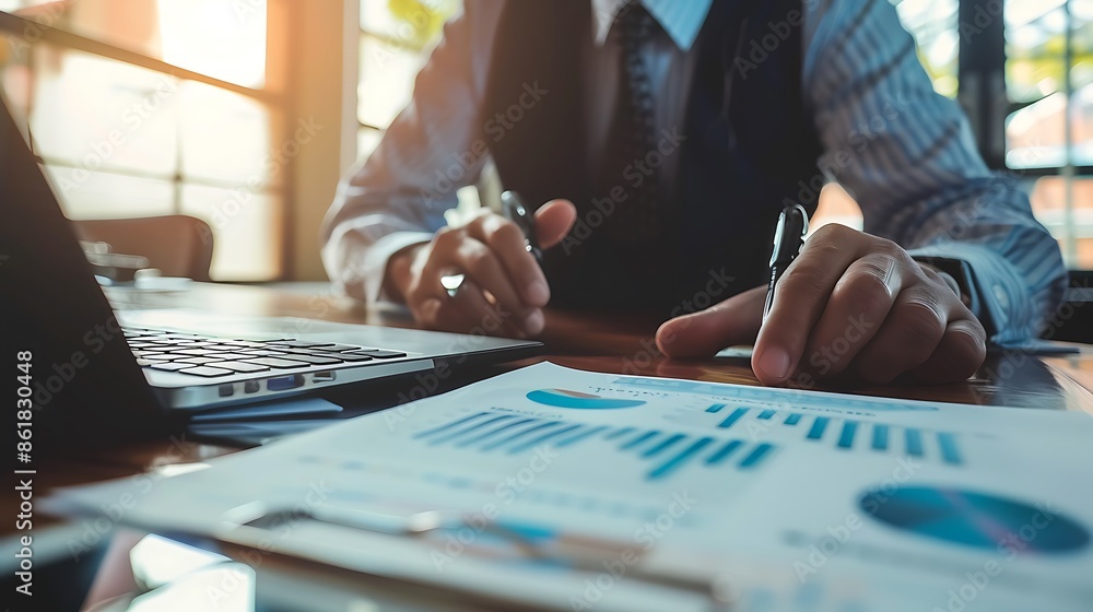 Fototapeta premium Businessman reviewing financial charts and reports at his desk