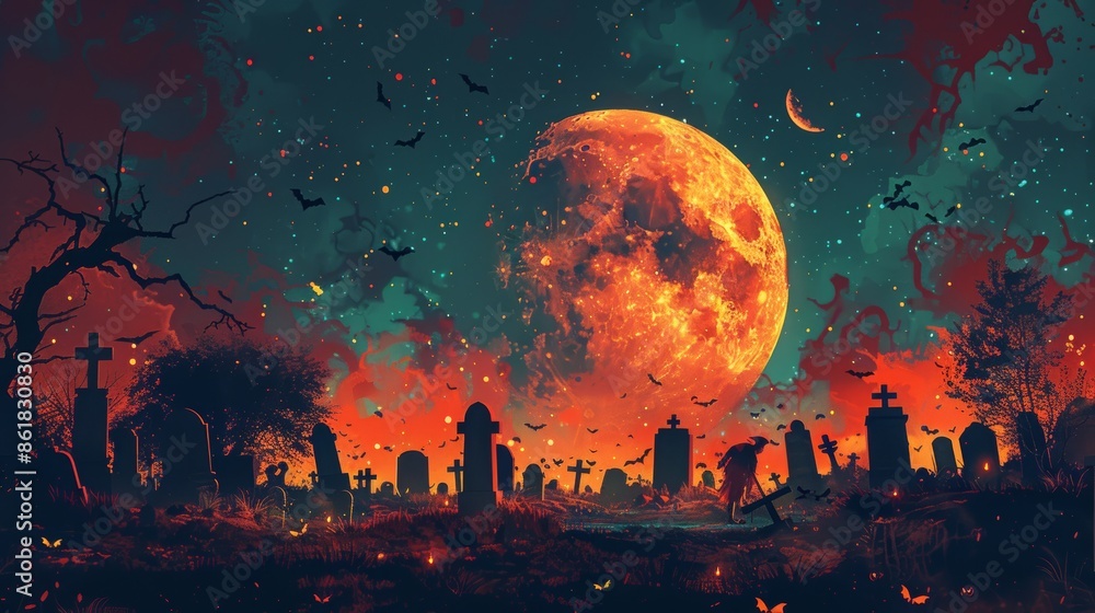 Spooky Halloween Night. Graveyard Under Blood Moon with Bats and Crosses Spooky Halloween Night. Graveyard Under Blood Moon with Bats and Crosses