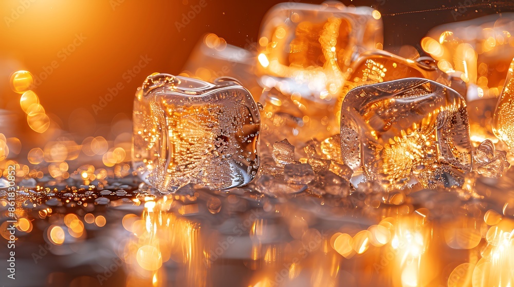 Close-up of ice cubes melting on a warm surface. The ice cubes are clear and reflect the warm light of the surface. The photo is a study of contrasting textures and temperatures. Close-up of ice cubes melting on a warm surface. The ice cubes are clear and reflect the warm light of the surface. The photo is a study of contrasting textures and temperatures.