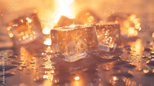 Close-up of ice cubes melting on a warm surface, creating a contrasting visual of cold and heat. photo