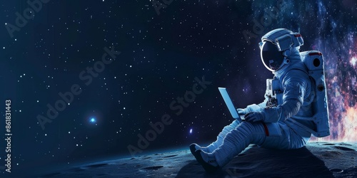 astronaut in space with a laptop with copy space