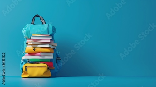 Wallpaper Mural 
A fully packed school backpack overflowing with books and supplies, isolated against a vibrant blue background with ample copy space, capturing the essence of the Back to School season. Torontodigital.ca