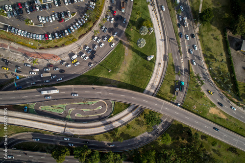 Highway full of cars seen from a drone