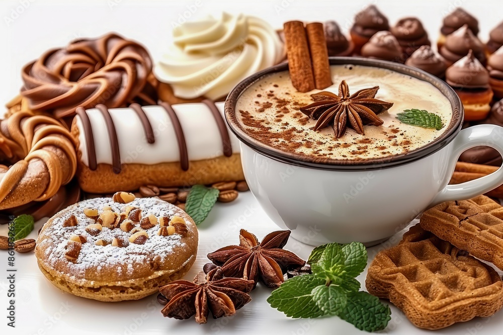 Delicious assortment of sweets and coffee, featuring pastries, cookies, and whipped cream, perfect for a cozy and indulgent treat. Delicious assortment of sweets and coffee, featuring pastries, cookies, and whipped cream, perfect for a cozy and indulgent treat.