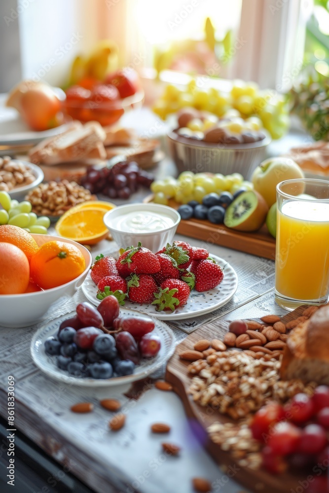 Healthy breakfast spread on kitchen table with fresh fruits, whole grain bread, yogurt, nuts, and glass of orange juice. Background includes bright kitchen with natural light streaming through windows Healthy breakfast spread on kitchen table with fresh fruits, whole grain bread, yogurt, nuts, and glass of orange juice. Background includes bright kitchen with natural light streaming through windows