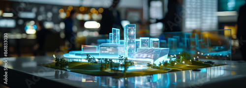 Panoramic view of a business quarter architectural model, highlighted with colorful lighting and showcasing contemporary urban designs.