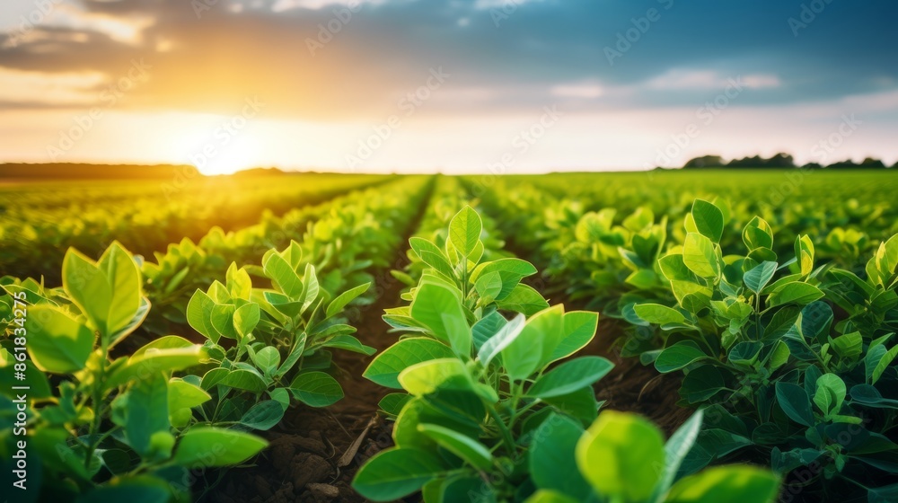 Rows of green soybean at idyllic sunset. Perfect agriculture fields as industry standard in harvest season. High quality photo Rows of green soybean at idyllic sunset. Perfect agriculture fields as industry standard in harvest season. High quality photo
