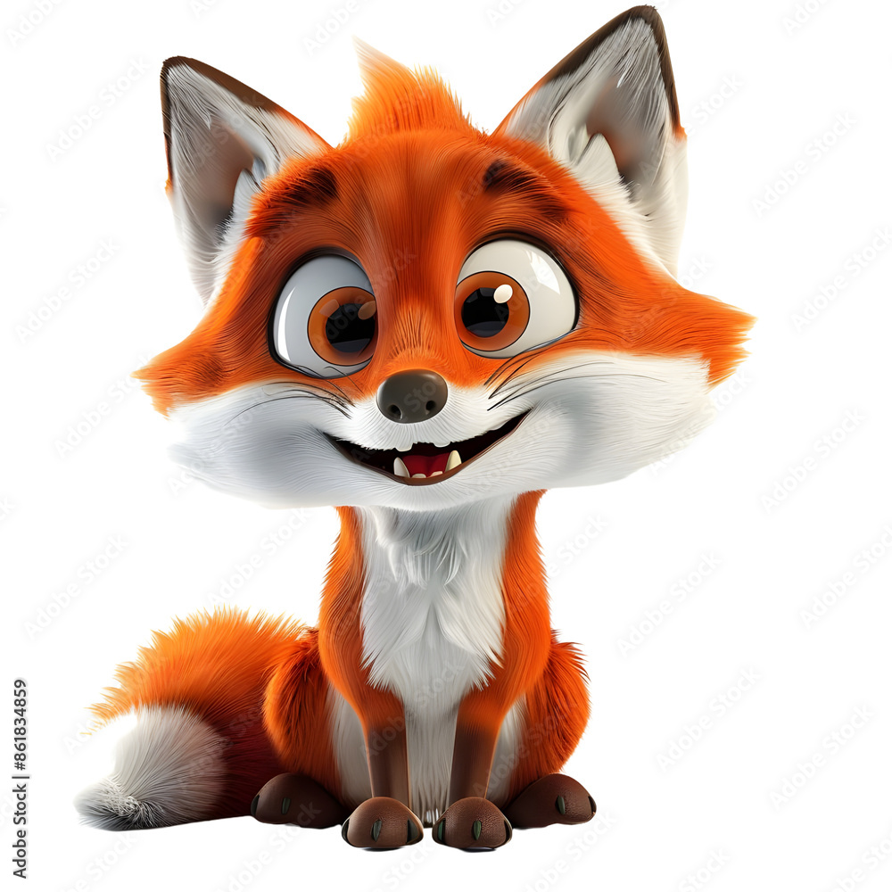 Obraz premium Adorable sitting baby fox character with large eyes and a sweet smile ready for children's book illustration on transparent background.