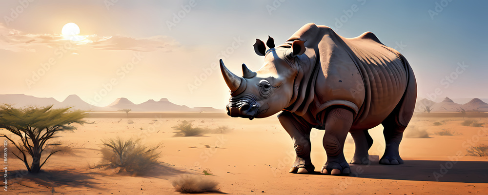 Fototapeta premium comic rhinoceros with sunset. Extremely detailed high resolution manga illustration