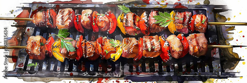 Watercolor painting of skewered barbecue meat and grilled vegetables.