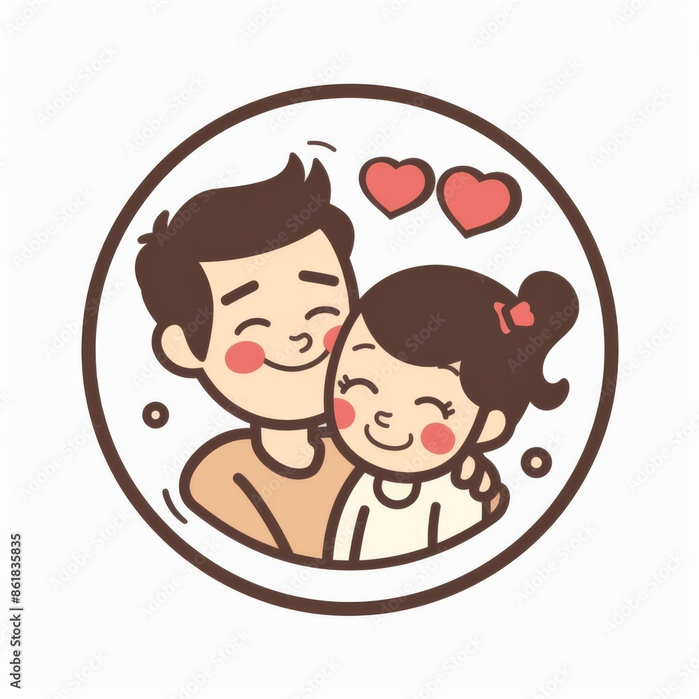 Heartwarming kawaii logo design with a father and daughter, both grinning, encapsulated in a circle, ideal for child care services, on white Heartwarming kawaii logo design with a father and daughter, both grinning, encapsulated in a circle, ideal for child care services, on white