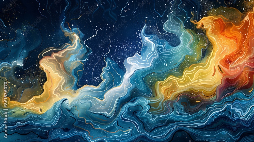 A dynamic composition of fluid lines and bold colors mimicking the ocean’s movement. Abstract Ocean Waves A dynamic composition of fluid lines and bold colors mimicking the ocean’s movement. Abstract Ocean Waves