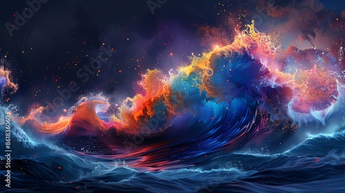 A vibrant and energetic wave pattern with splashes of neon colors. Abstract Ocean Waves © Julia