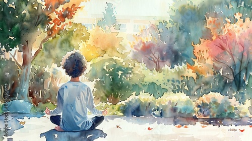 The image is a watercolor painting of a person sitting on a rock in a forest