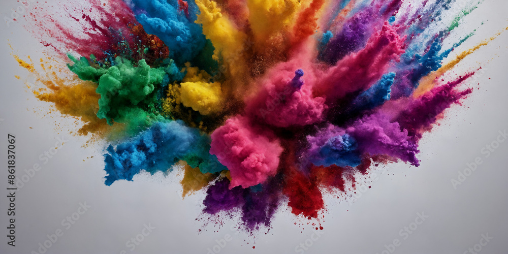 Spektakuläre Farbexplosion von buntem Puder auf weißem Hintergrund, die eine dynamische, lebendige Wolke in allen Regenbogenfarben bildet und die Energie und Schönheit des Augenblicks darstellt Spektakuläre Farbexplosion von buntem Puder auf weißem Hintergrund, die eine dynamische, lebendige Wolke in allen Regenbogenfarben bildet und die Energie und Schönheit des Augenblicks darstellt