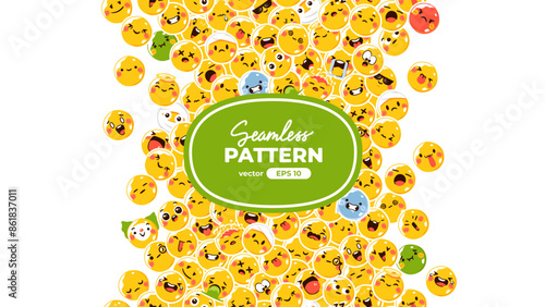 Seamless pattern with yellow emoticons. Emoji set. Vector illustration eps10. Funny faces with facial expressions, UI interface chat icons for messenger app. Social media. Cartoon smile. Flat style.