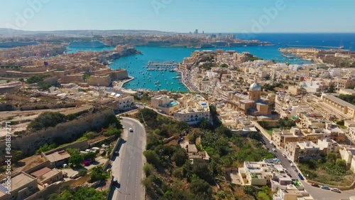 Drone view of cities, marina, boats, yachts, sea, road. Malta island photo