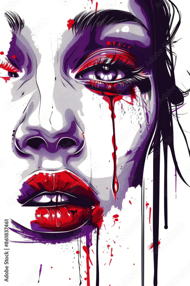 A beautiful woman's face with purple paint dripping on a white background. A beautiful woman's face with purple paint dripping on a white background.