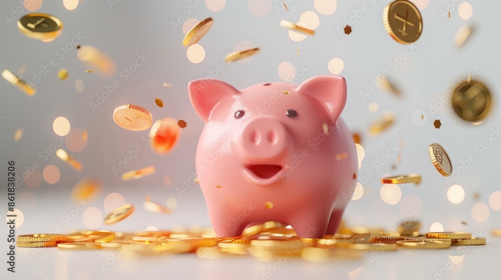 Piggy bank under the coin rain. Wealth and investing background Piggy bank under the coin rain. Wealth and investing background