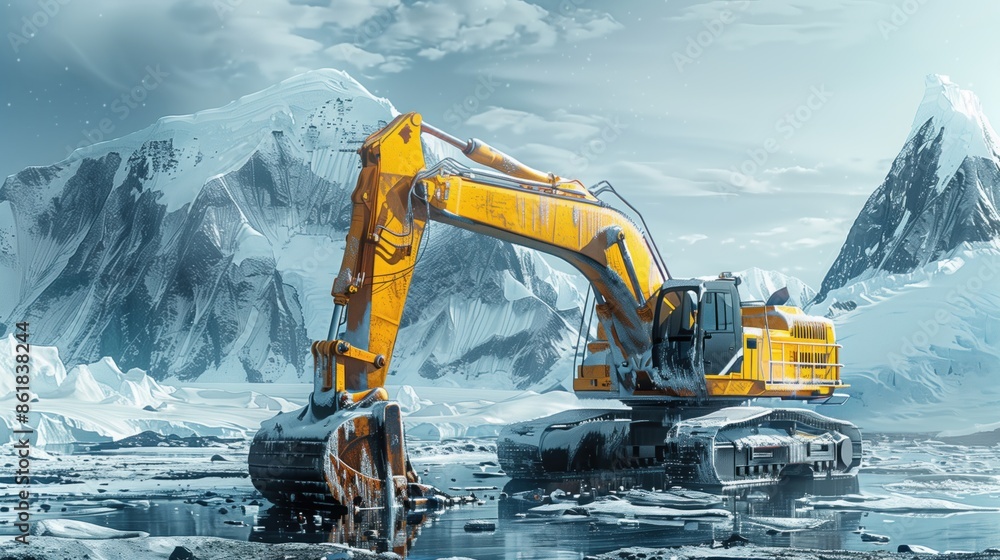 A yellow excavator is digging, rock and ice polar background A yellow excavator is digging, rock and ice polar background