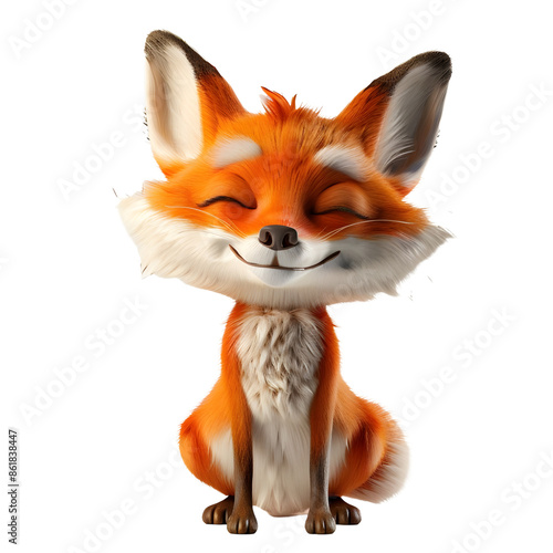 Contented little cartoon fox character sitting peacefully with eyes closed and a subtle smile, isolated on a transparent background.