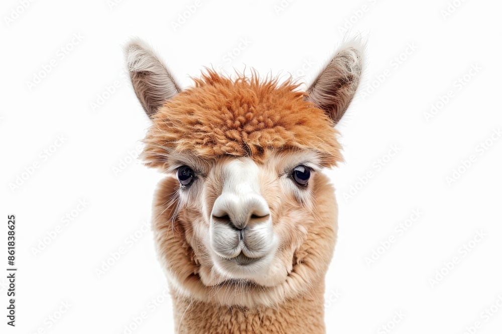 Portrait of an alpaca with a cute, funny expression. The alpaca's fluffy fur and inquisitive gaze are highlighted against a clear blue sky, creating an adorable and endearing animal image. Portrait of an alpaca with a cute, funny expression. The alpaca's fluffy fur and inquisitive gaze are highlighted against a clear blue sky, creating an adorable and endearing animal image.