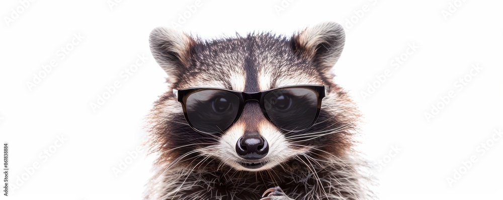Portrait of a raccoon wearing sunglasses. The humorous and quirky image captures the raccoon's curious personality, making it a fun and unique photo for various creative uses. Portrait of a raccoon wearing sunglasses. The humorous and quirky image captures the raccoon's curious personality, making it a fun and unique photo for various creative uses.