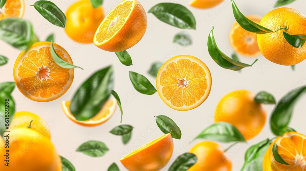 Juicy oranges with halves and green leaves floating gracefully in the air, set against a transparent background, emphasizing their vibrant color and health benefits
Juicy oranges with halves and green leaves floating gracefully in the air, set against a transparent background, emphasizing their vibrant color and health benefits