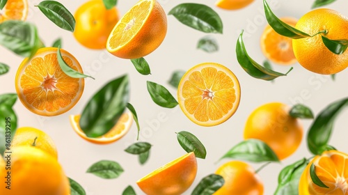  Juicy oranges with halves and green leaves floating gracefully in the air, set against a transparent background, emphasizing their vibrant color and health benefits