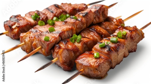  Perfectly grilled pork skewers with a beautiful char and glistening with juices, presented on a transparent background in high definition.