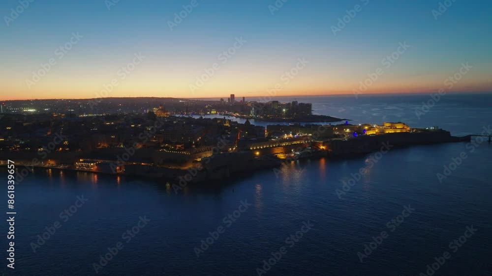 Night sunset drone view of Valletta city - capital of Malta island Night sunset drone view of Valletta city - capital of Malta island