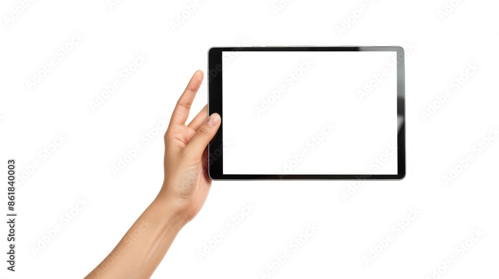 Human hand holding electronic device with blank screen on white background Human hand holding electronic device with blank screen on white background