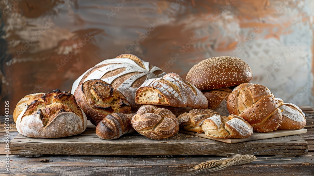 A variety of artisan breads displayed on a wooden table A variety of artisan breads displayed on a wooden table