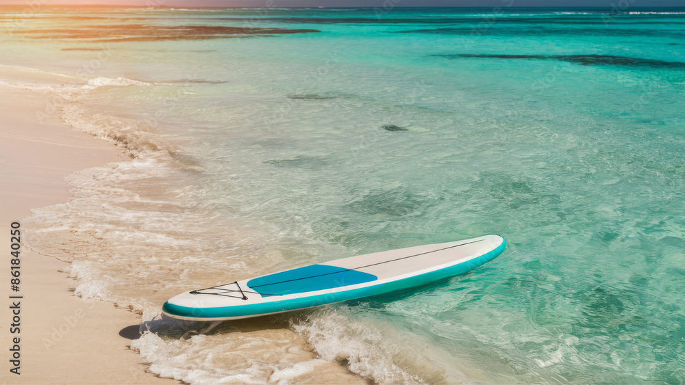 A surfboard is laying on the beach in a shallow water, AI A surfboard is laying on the beach in a shallow water, AI