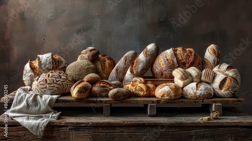 A variety of artisan breads displayed on a wooden table photo