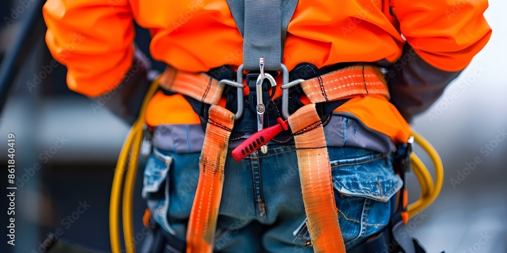 Worker's Safety Harness A Crucial Measure Against Falls at Construction Sites. Concept Safety Harness, Construction Sites, Fall Protection, Workers’ Safety, Preventative Measures Worker's Safety Harness A Crucial Measure Against Falls at Construction Sites. Concept Safety Harness, Construction Sites, Fall Protection, Workers’ Safety, Preventative Measures