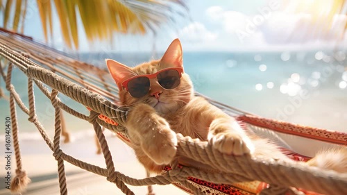A red cat in sunglasses is lounging in a hammock on a beach under the palm trees. Travel, vacation background