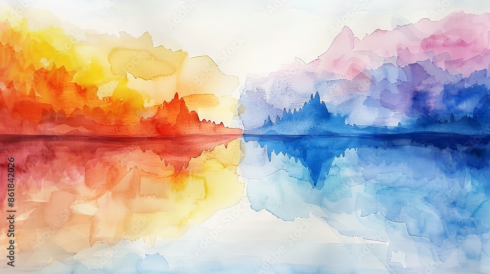 This watercolor painting captures the vibrant hues of a vivid sunset, with fiery oranges and yellows reflecting off the calm water below. This watercolor painting captures the vibrant hues of a vivid sunset, with fiery oranges and yellows reflecting off the calm water below.