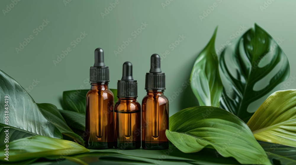 Studio Shot Of Plantain Oil Bottles For Mockup With Plantain Leaves, Homeopathic And Herbal Remedy, Advertising Oil Bottles Background Studio Shot Of Plantain Oil Bottles For Mockup With Plantain Leaves, Homeopathic And Herbal Remedy, Advertising Oil Bottles Background