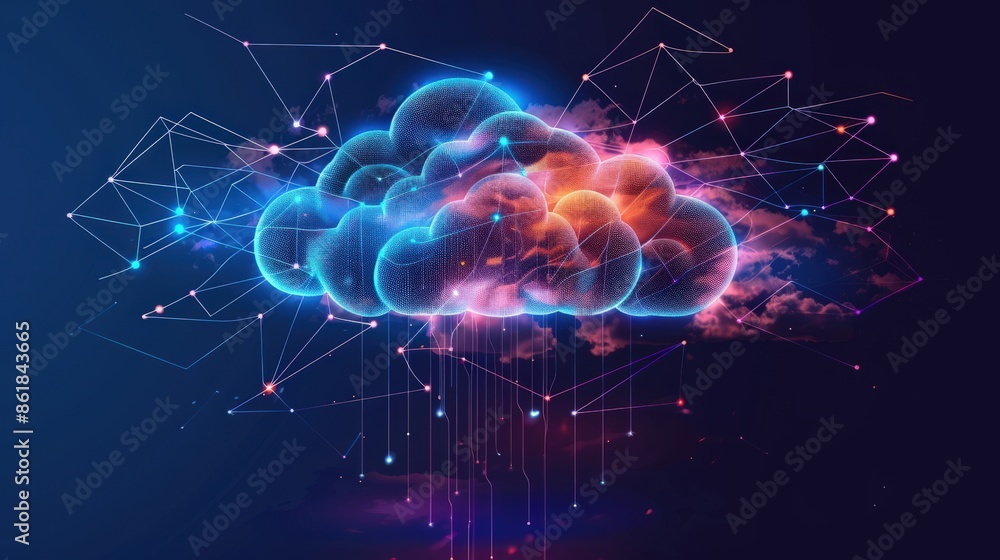 A computer network is shown with a large orange cloud in the middle. The cloud is surrounded by a series of wires and other electronic components. Concept of complexity and interconnectedness A computer network is shown with a large orange cloud in the middle. The cloud is surrounded by a series of wires and other electronic components. Concept of complexity and interconnectedness