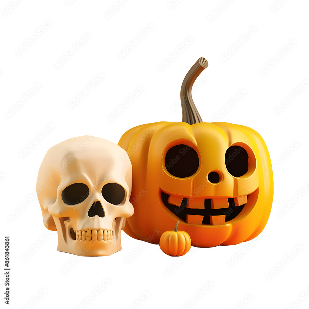 3D illustration of Halloween pumpkin and skull 3D illustration of Halloween pumpkin and skull